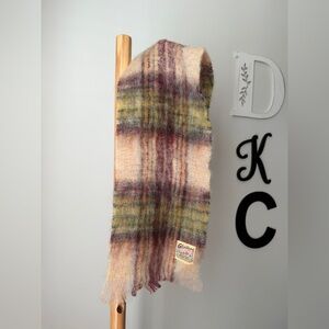 Vintage Glentana Scarf Scottish Wool Mohair Blend Pink Green Plaid Fringe